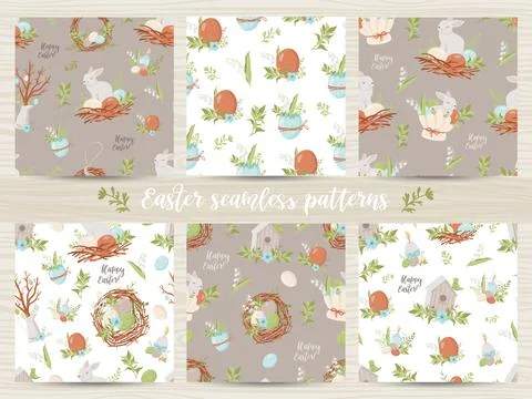 Set of seamless patterns with Easter eggs and bunnies. Stock Illustration