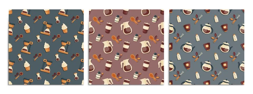 A set of seamless patterns with elements on the theme of brewing coffee. Te.. Ilustración de archivo