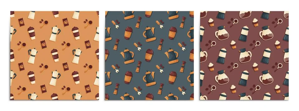 A set of seamless patterns with elements on the theme of brewing coffee. Teap Illustrazione stock