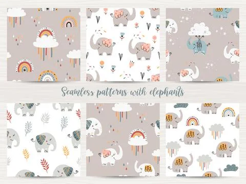 Set of seamless patterns with elephants. Stock Illustration