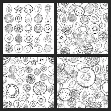 Set of seamless patterns with exotic fresh fruits. Stock Illustration