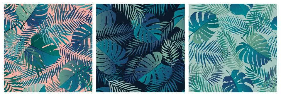 Set of seamless patterns with exotic green monstera leaves and palm branches, Stock Illustration