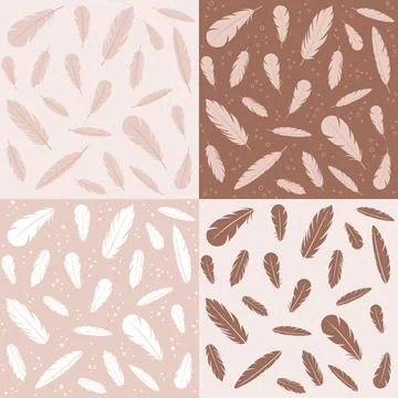 Set of seamless patterns with feathers in beige and brown colors Illustrazione stock
