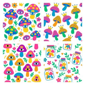 Set of seamless patterns featuring bright and unusual mushrooms with neon c.. Stock Illustration