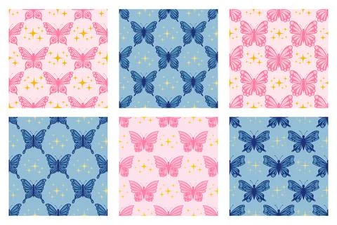 Set of seamless patterns featuring ethereal butterflies and celestial stars.. Stock-Illustration