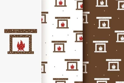 Set of seamless patterns of fireplace with fire in flat style. Stock Illustration