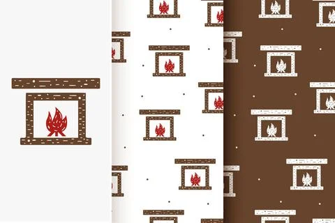  Set of seamless patterns of fireplace with fire in flat style. Set of sea... Stock Photos