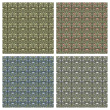 Set of seamless patterns with floral geometric ornament.  Stock Illustration