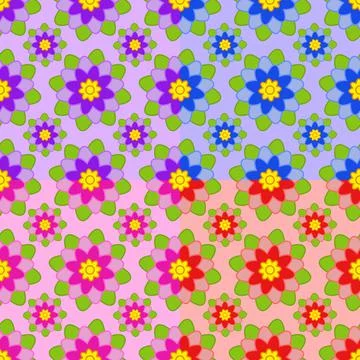 Set of seamless patterns from flowers of different colors pink, blue, orange, Stock Illustration