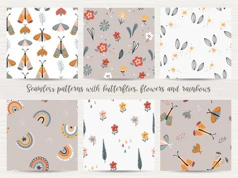 Set of seamless patterns with with flowers, rainbows and butterflies Illustrazione stock