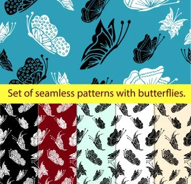 Set of seamless patterns with fluttering and beautiful butterflies . Stock Illustration