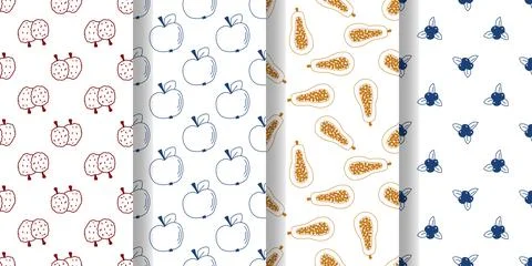 Set of seamless patterns with freehand berries and fruits Stock Illustration