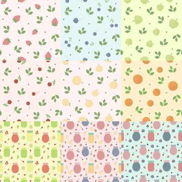 Set of seamless patterns with fruits and berries, and jars of jam Illustrazione stock