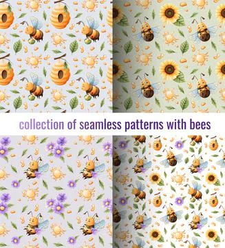 Set of seamless patterns with funny bees, flowers, honey. Suitable for childr Stock Illustration