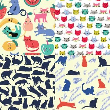 Set of seamless patterns with funny cartoon cats in vector. Stockillustratie