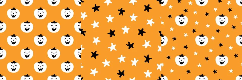 Set of seamless patterns with funny pumpkins and stars. Halloween vector illu Illustrazione stock