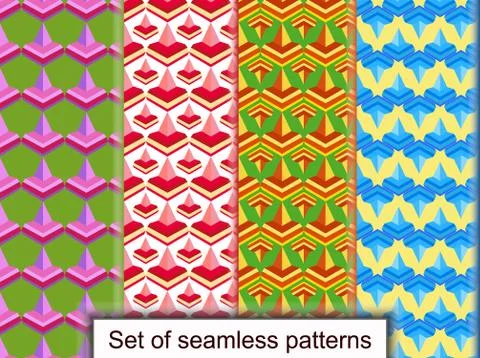 Set seamless patterns of geometric 3D shapes. Stock Illustration