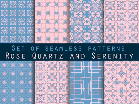 Set of seamless patterns. Geometric patterns. Rose quartz and serenity violet Stock Illustration