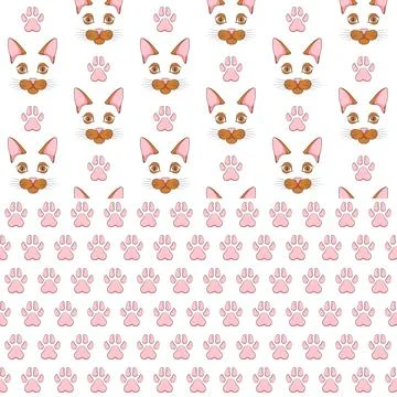 Set of seamless patterns with ginger cat face and paw prints. Stock Illustration