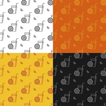 Set of seamless patterns with Glass of refreshing citrus juice with straw and イラスト素材