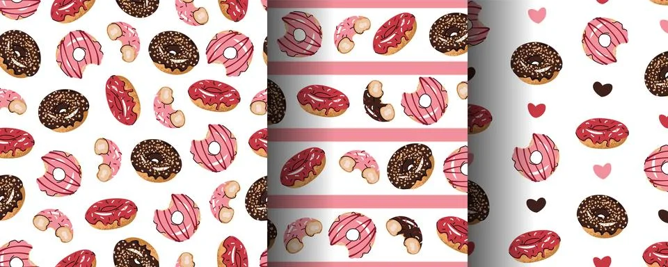 Set of Seamless patterns with glazed donuts. Repeating texture with delicious Illustrazione stock