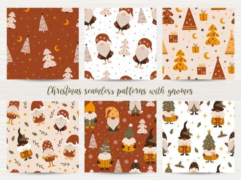 Set of seamless patterns with gnomes and chtistmas trees. Illustrazione stock