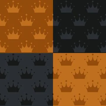 Set of seamless patterns with gold and black crown, king and queen Stock Illustration