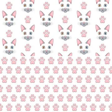 Set of seamless patterns with gray cat face and paw prints. Stock Illustration