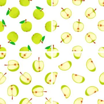 Set of seamless patterns with green apples, whole, halved and quartered イラスト素材