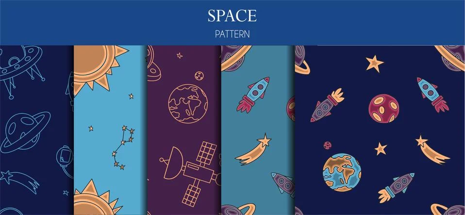 A set of seamless patterns. Hand draw space illustration with a rocket Illustrazione stock