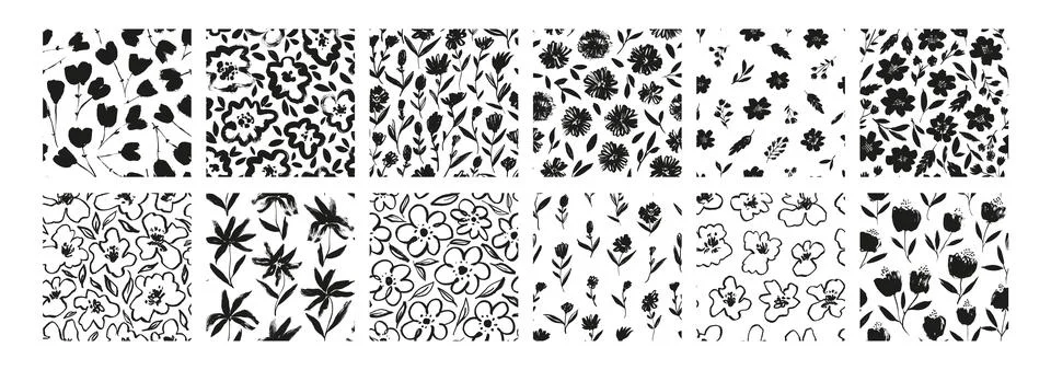 Set of seamless patterns with hand drawn flowers. Stock Illustration