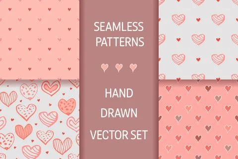 Set seamless patterns with hand-drawn hearts in boho style. Stockillustratie