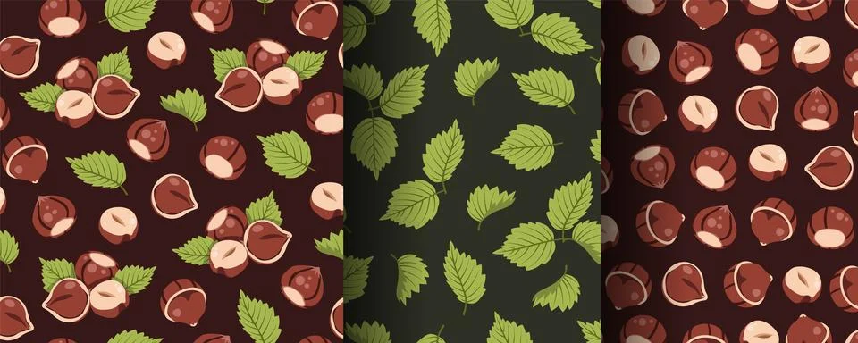 Set of Seamless Patterns with Hazelnuts and Hazel Leaves in Flat Style. Natur Stock Illustration