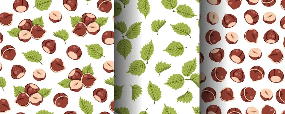 Set of Seamless Patterns with Hazelnuts and Hazel Leaves in Flat Style. Natur Stock Illustration