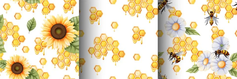 Set of seamless patterns with honeycomb, bees, sunflower, leaves, honey.Suita Stock Illustration