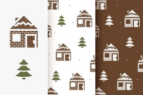 Set of seamless patterns of houses and fir trees in flat style. Collection of Stockillustratie