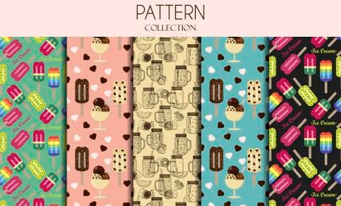 A set of seamless patterns with ice cream and soft drinks. Cute hand drawn Illustrazione stock