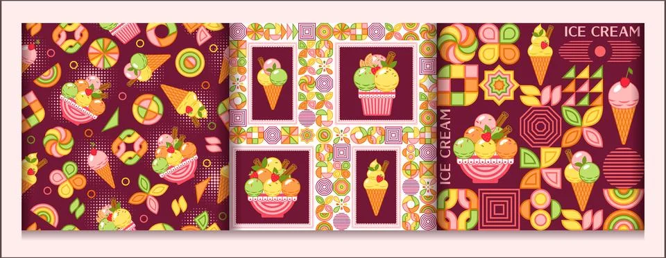 Set of seamless patterns with ice cream, abstract geometric shapes, text Stock Illustration