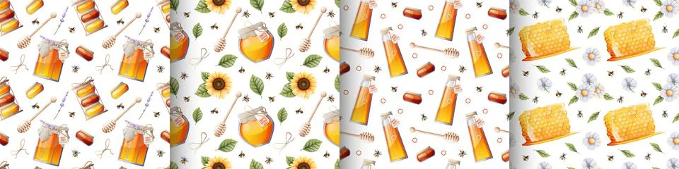 Set of seamless patterns with jar of honey, sunflower, bees and honey.Great f Stock Illustration