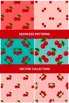 Set of Seamless Patterns with Juicy Cherry 스톡 일러스트