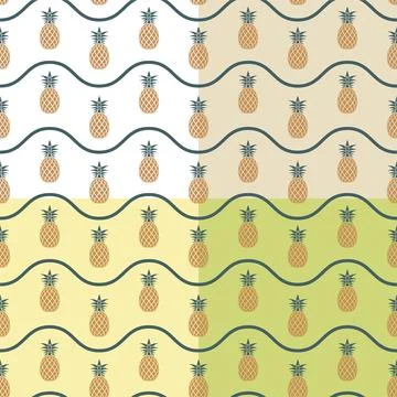 Set of seamless patterns with juicy pineapple and wave lines. Harvesting tr.. Stock Illustration
