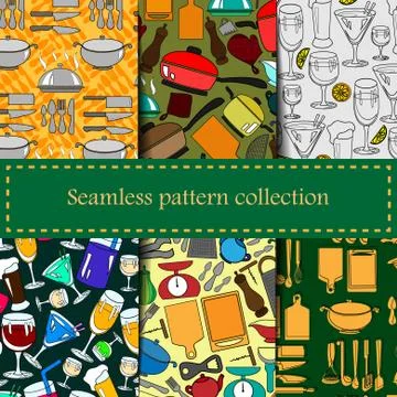 Set of seamless patterns with kitchen utensils Stock Illustration