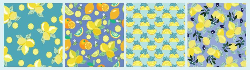 Set of seamless patterns with leaves, flowers and lemons. Stock Illustration