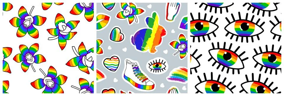 Set of seamless patterns for LGBT Pride Month. Brushstroke LGBTQ+ flag. Stock Illustration