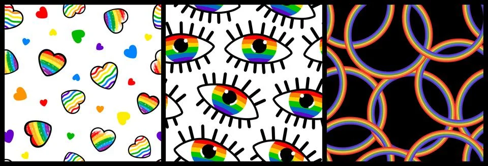 Set of seamless patterns for LGBT Pride Month. Brushstroke LGBTQ+ flag. Stock Illustration