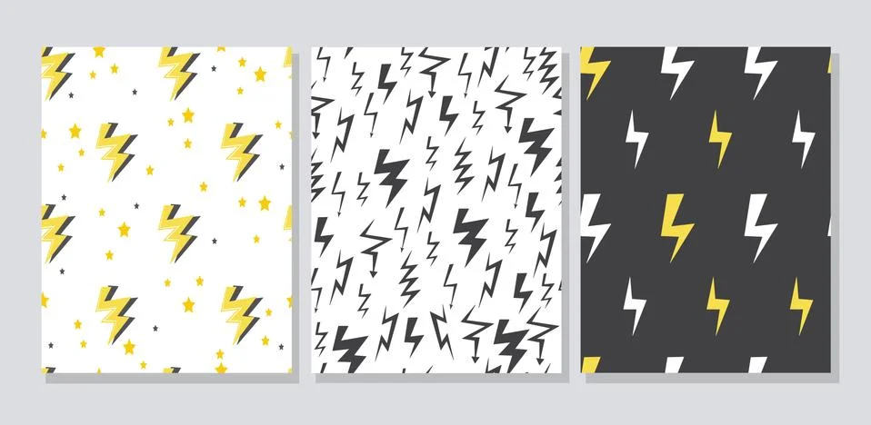Set of seamless patterns with lightning strike icons cartoon vector illustrat Stock Illustration
