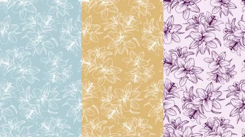 Set of seamless patterns with lilies for backgrounds, wallpapers, textiles. Illustrazione stock