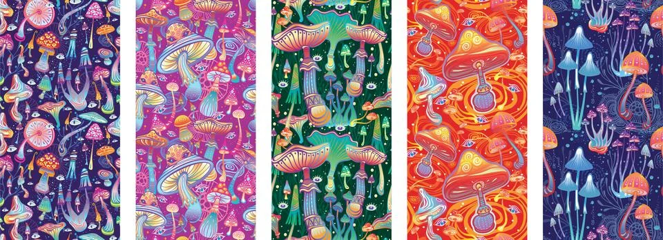Set of Seamless Patterns with Magic Mushrooms Stock Illustration