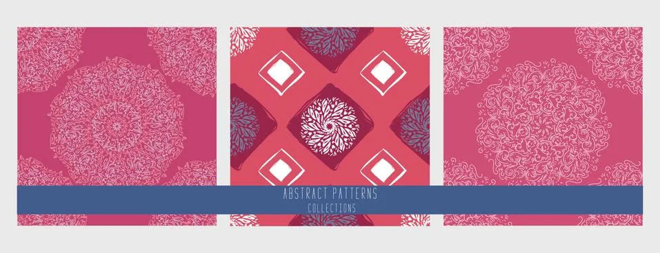 Set of seamless patterns. Mandala circle. Round ornament on white background. Stock Illustration