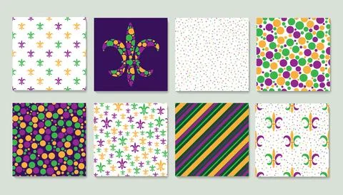 A set of seamless patterns with Mardi Gras carnival symbols. Stock Illustration